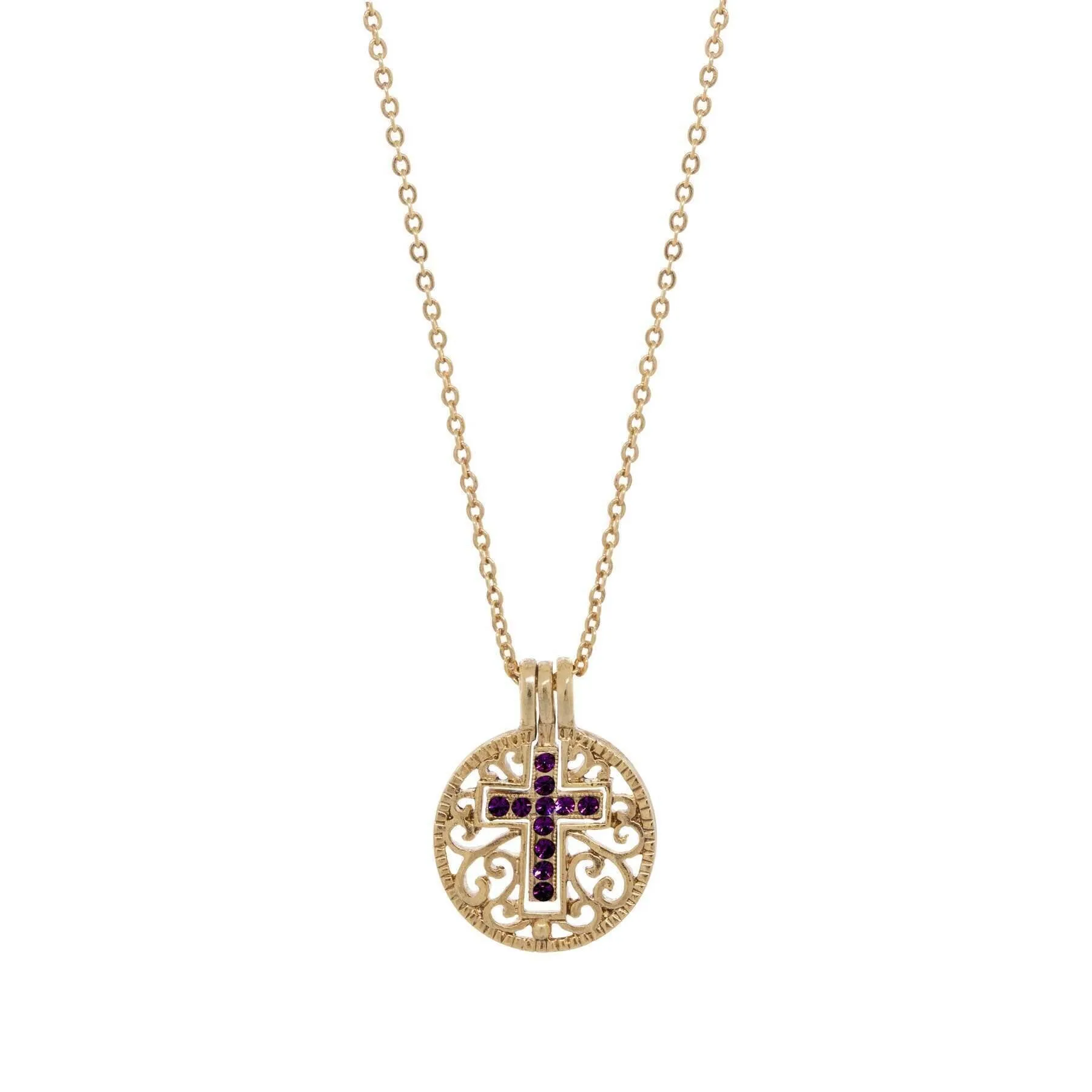 Symbols Of Faith Round Filigree Birthstone Crystal Swinging Cross Pendant Necklace 18" 1928 Jewelry
