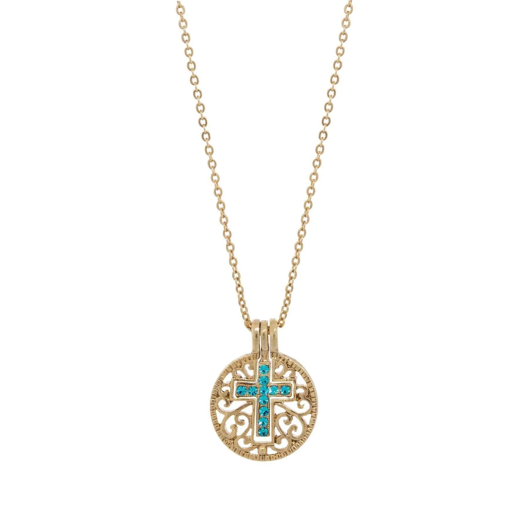 Symbols Of Faith Round Filigree Birthstone Crystal Swinging Cross Pendant Necklace 18" 1928 Jewelry