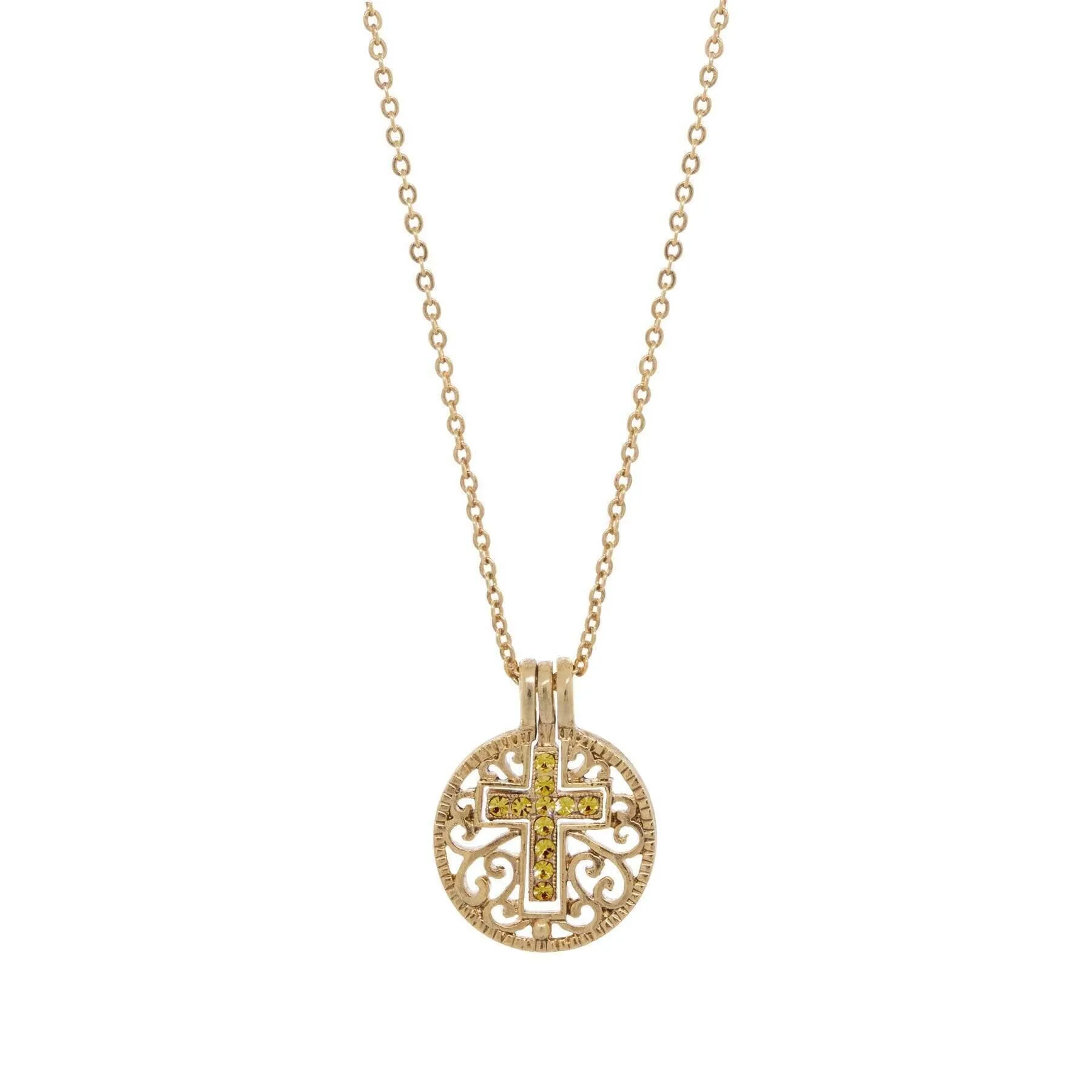 Symbols Of Faith Round Filigree Birthstone Crystal Swinging Cross Pendant Necklace 18" 1928 Jewelry