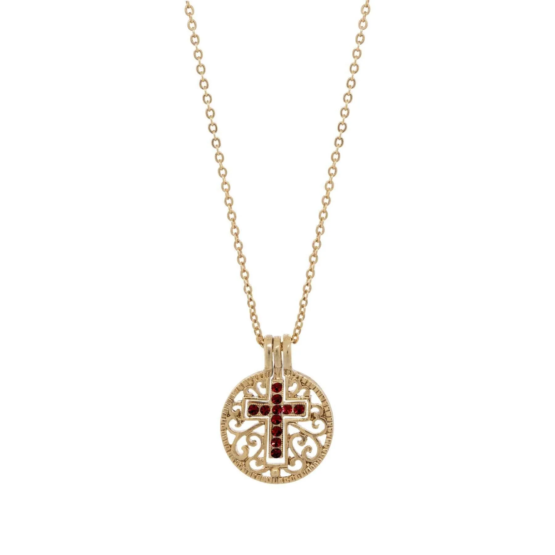 Symbols Of Faith Round Filigree Birthstone Crystal Swinging Cross Pendant Necklace 18" 1928 Jewelry