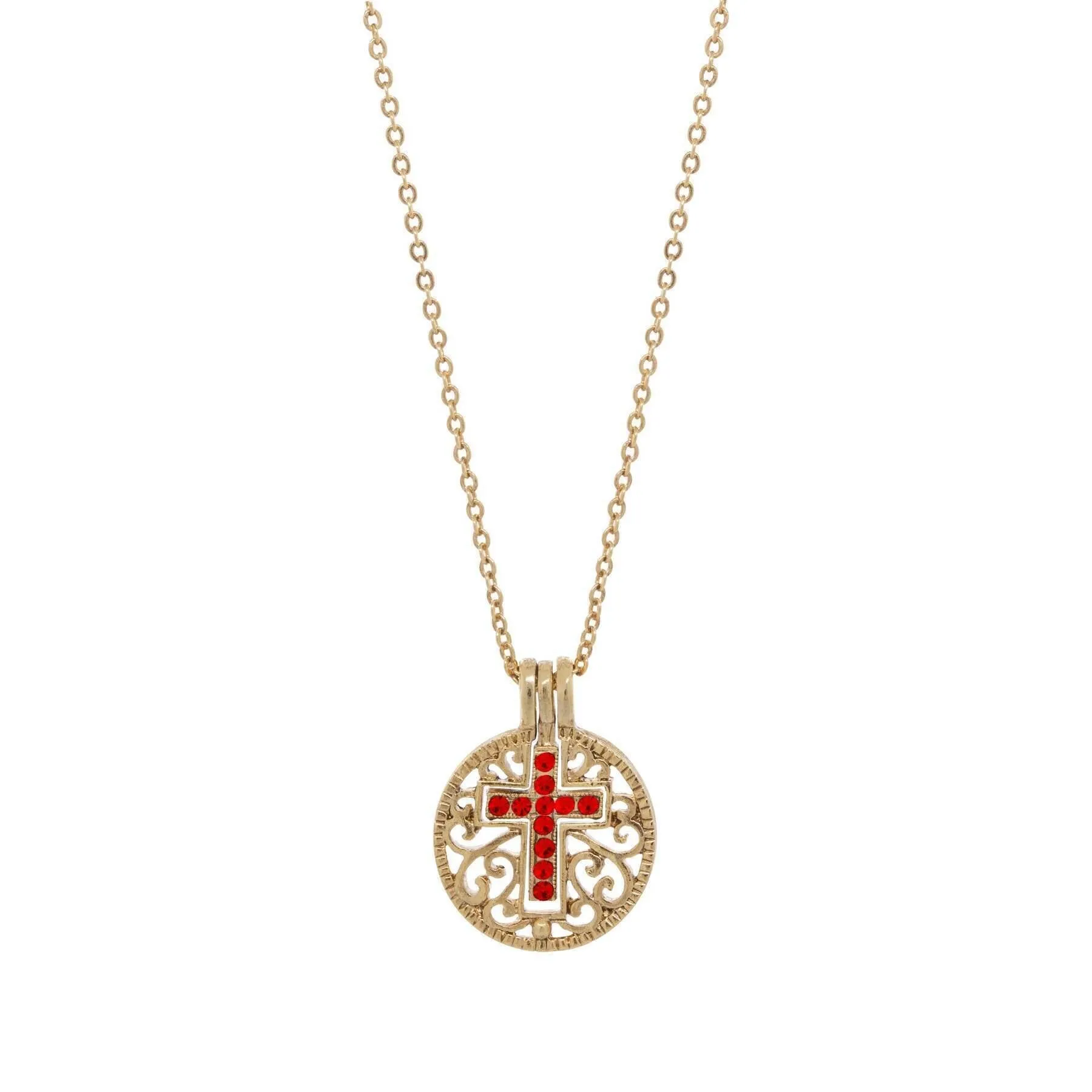 Symbols Of Faith Round Filigree Birthstone Crystal Swinging Cross Pendant Necklace 18" 1928 Jewelry