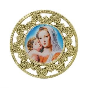 Symbols Of Faith Round Filigree Mary and Child Pin 1928 Jewelry