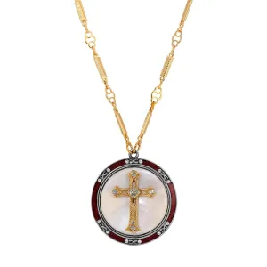 Symbols Of Faith Round Mother Of Pearl Crystal Cross Red Enameled Pendant Necklace 30" 1928 Jewelry