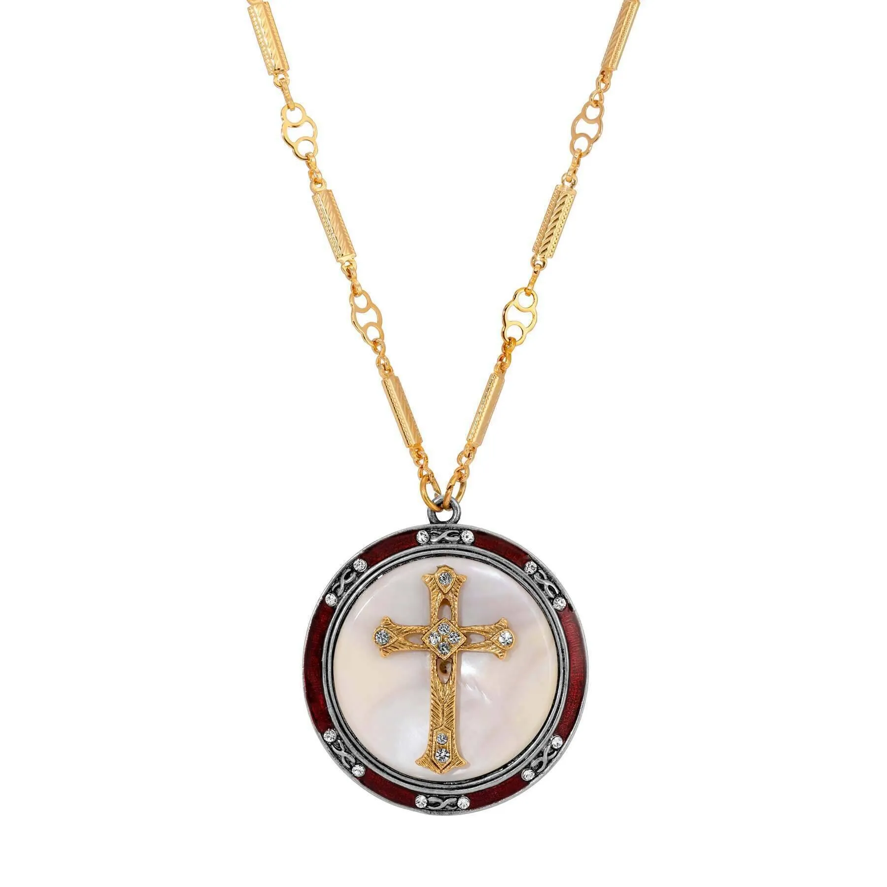 Symbols Of Faith Round Mother Of Pearl Crystal Cross Red Enameled Pendant Necklace 30" 1928 Jewelry