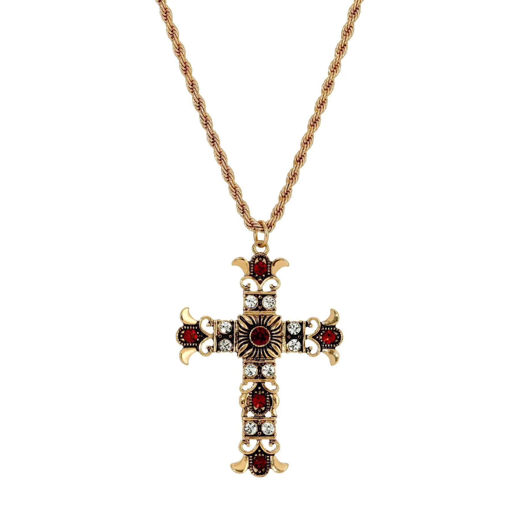 Symbols Of Faith Royal Clear And Red Crystal Cross Pendant Necklace 16"   3" Extension 1928 Jewelry