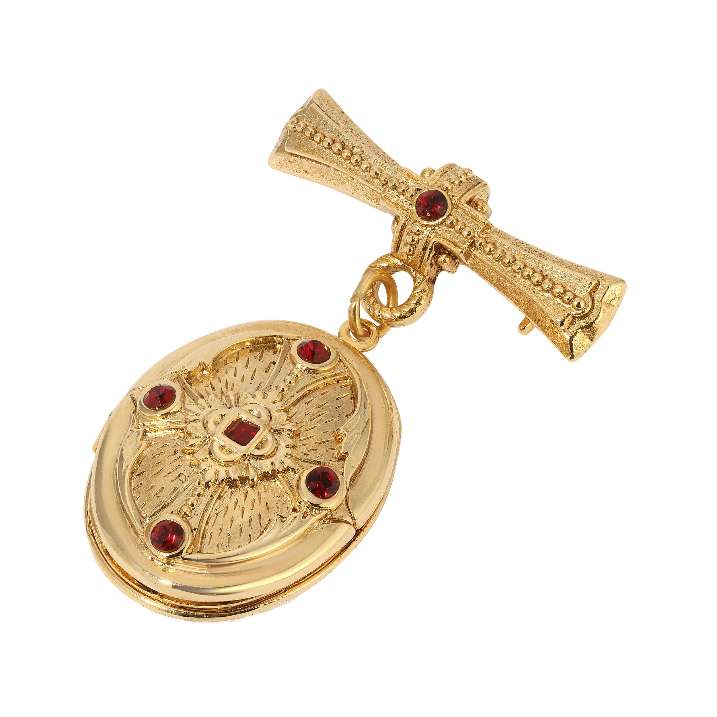 Symbols of Faith Sacred Keepsake Red Crystal Photo Locket Brooch Pin 1928 Jewelry