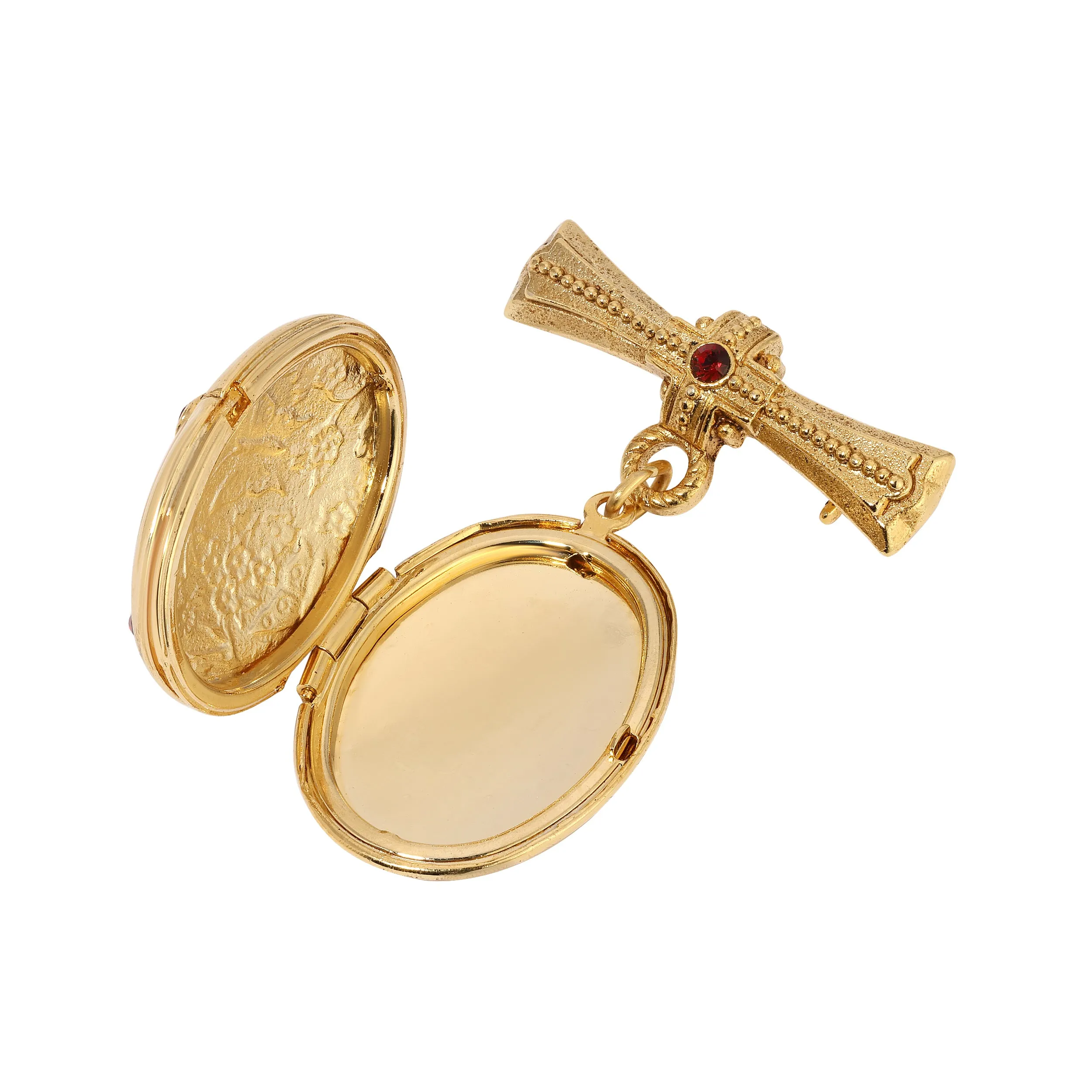 Symbols of Faith Sacred Keepsake Red Crystal Photo Locket Brooch Pin 1928 Jewelry