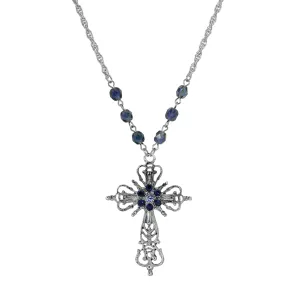 Symbols Of Faith Sapphire Blue & Montana Blue Crystal Filigree Cross Pendant Necklace 20" 1928 Jewelry