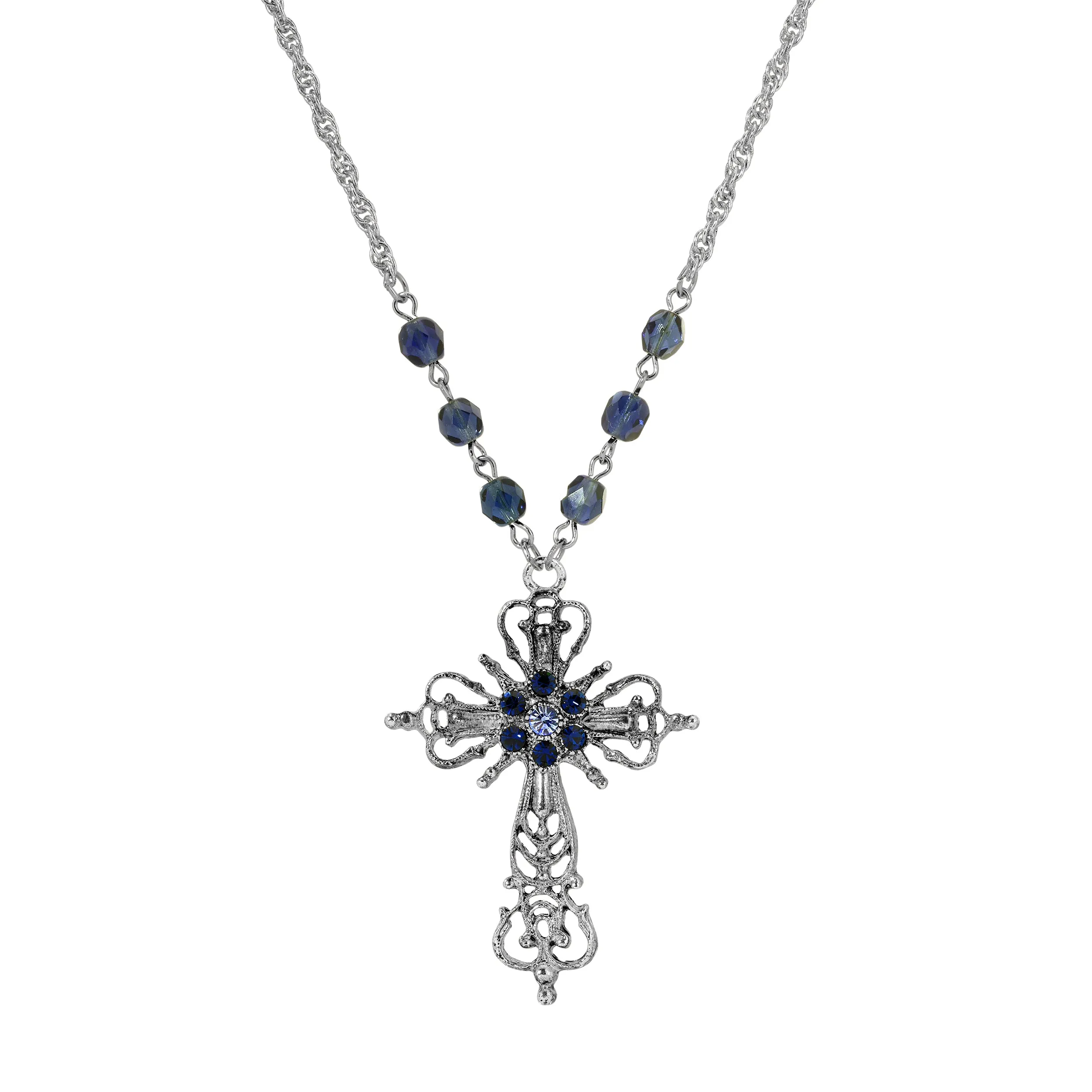 Symbols Of Faith Sapphire Blue & Montana Blue Crystal Filigree Cross Pendant Necklace 20" 1928 Jewelry