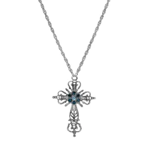 Symbols Of Faith Sapphire Blue Crystal Filigree Cross Pendant Necklace 20" 1928 Jewelry