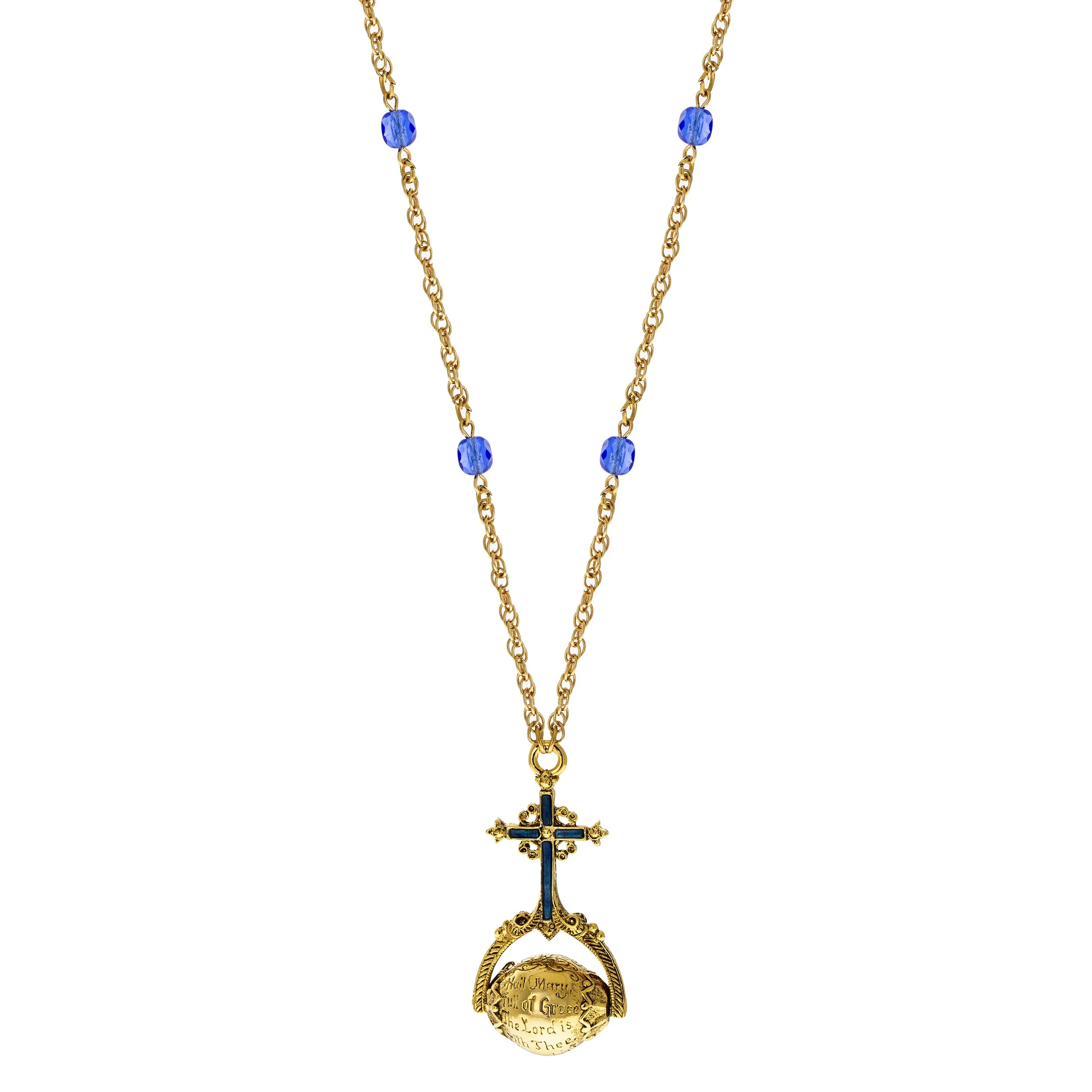 Symbols Of Faith Sapphire Blue Crystal Hail Mary Spinner Pendant Necklace 30" 1928 Jewelry