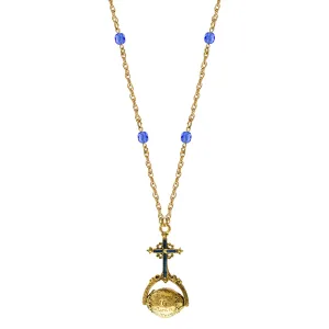 Symbols Of Faith Sapphire Blue Crystal Hail Mary Spinner Pendant Necklace 30" 1928 Jewelry