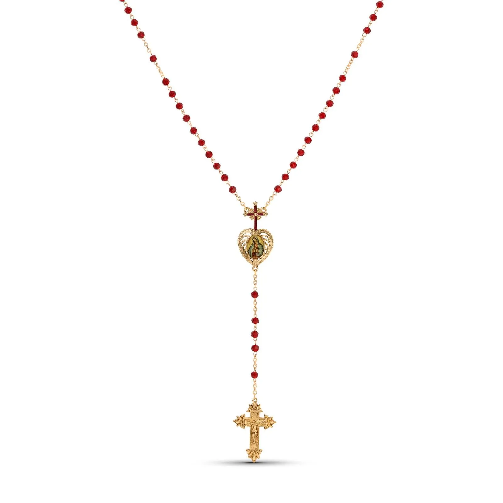 Symbols Of Faith Siam Red Crystal Our Lady of Guadalupe & Crucifix Rosary Necklace 1928 Jewelry