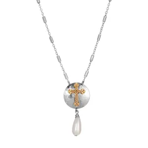 Symbols Of Faith Silver Shield & Cross Pearl Drop Necklace 16"   3" Extension 1928 Jewelry