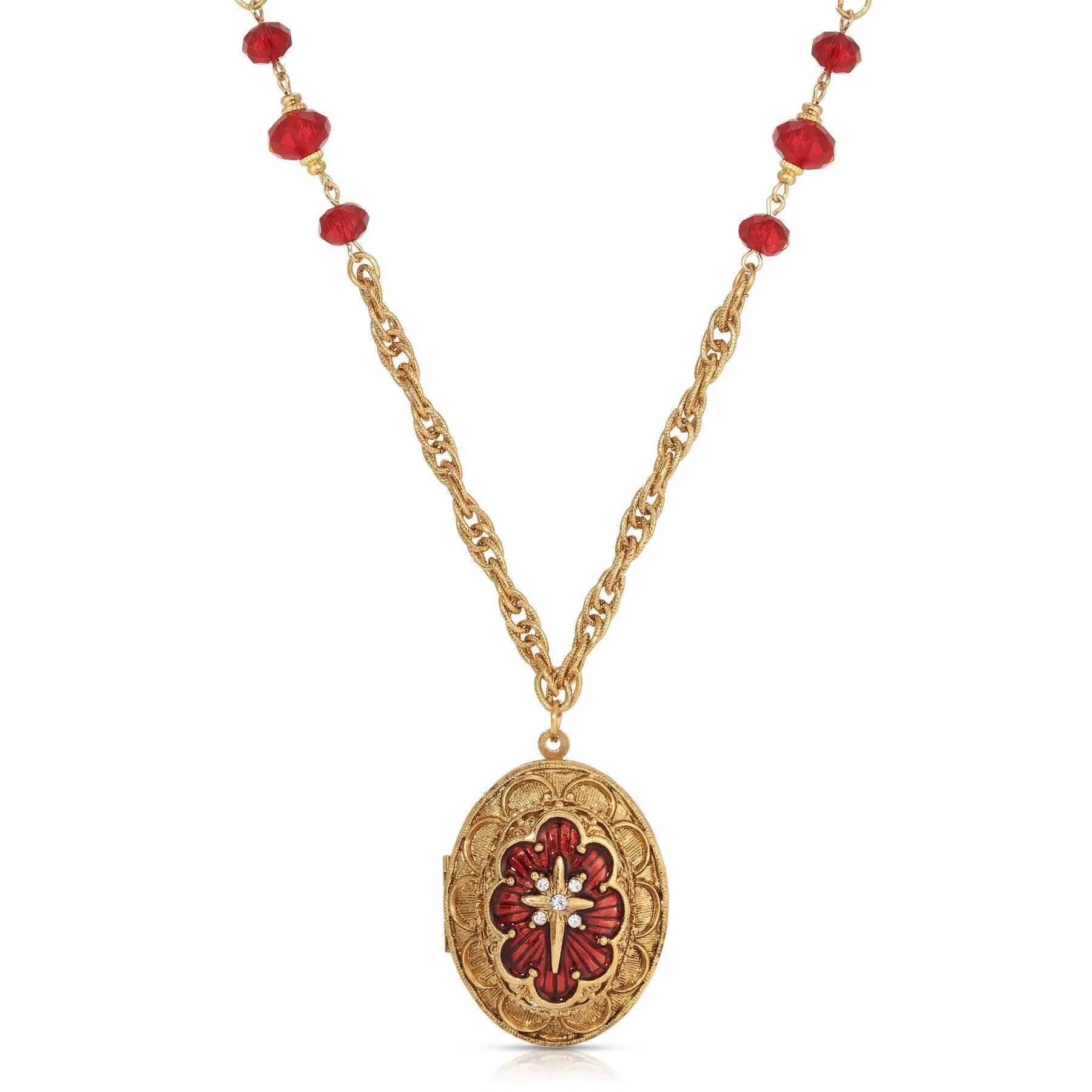 Symbols Of Faith Star of Bethlehem Crystal Bead Enamel Locket Necklace 28" 1928 Jewelry