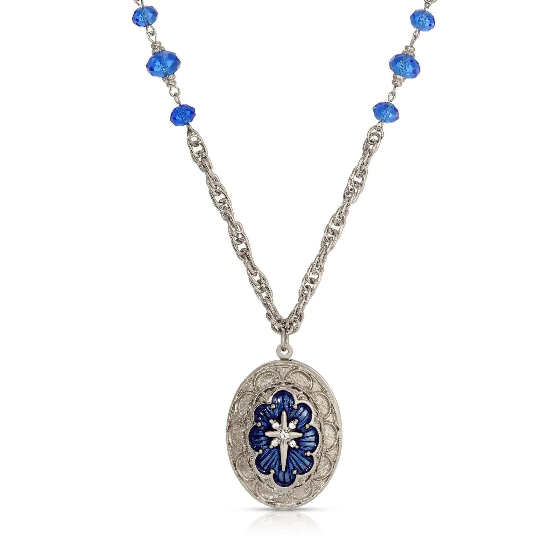 Symbols Of Faith Star of Bethlehem Crystal Bead Enamel Locket Necklace 28" 1928 Jewelry