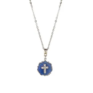 Symbols Of Faith Sunburst Blue Enamel Crystal Cross Pendant Necklace 16"   3" Extender 1928 Jewelry