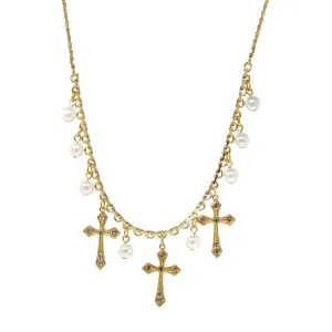 Symbols Of Faith Triple Cross Faux Pearl Drop Necklace 16"   3" Extender 1928 Jewelry