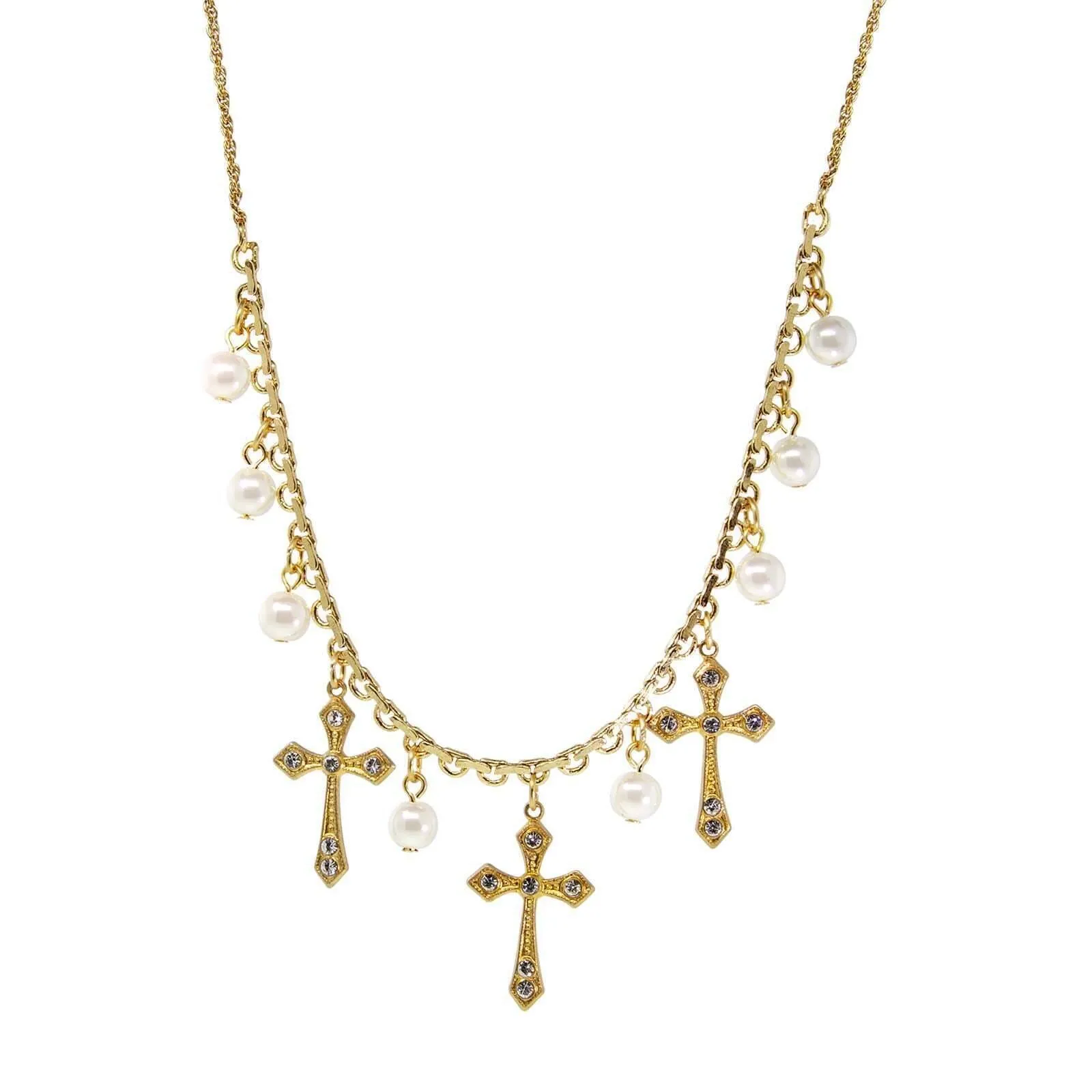 Symbols Of Faith Triple Cross Faux Pearl Drop Necklace 16"   3" Extender 1928 Jewelry