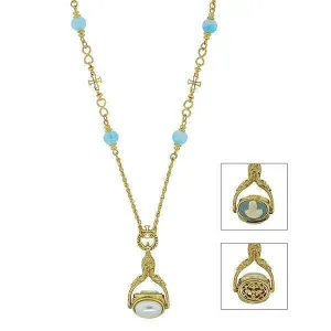 Symbols Of Faith Triple Spinner Faux Pearl Mary Cameo Blue Bead Pendant Necklace 30" 1928 Jewelry