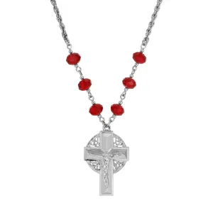 Symbols Of Faith Triquetra Crucifix Pendant Siam Red Beaded Chain Necklace 16"   3" Extension 1928 Jewelry