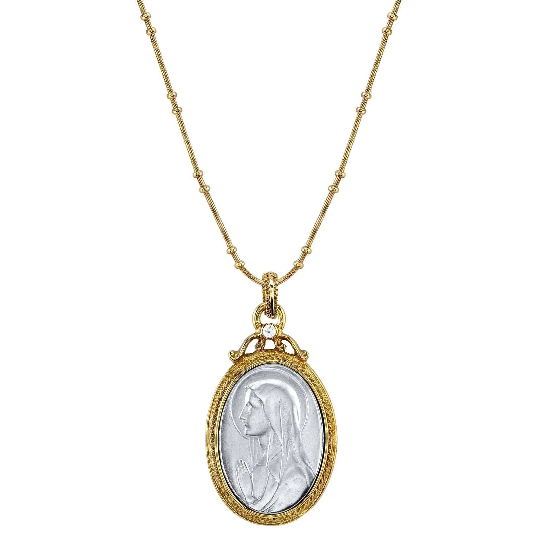 Symbols Of Faith Two Tone Virgin Mary Medallion With Crystal Accent Pendant Necklace 20" 1928 Jewelry