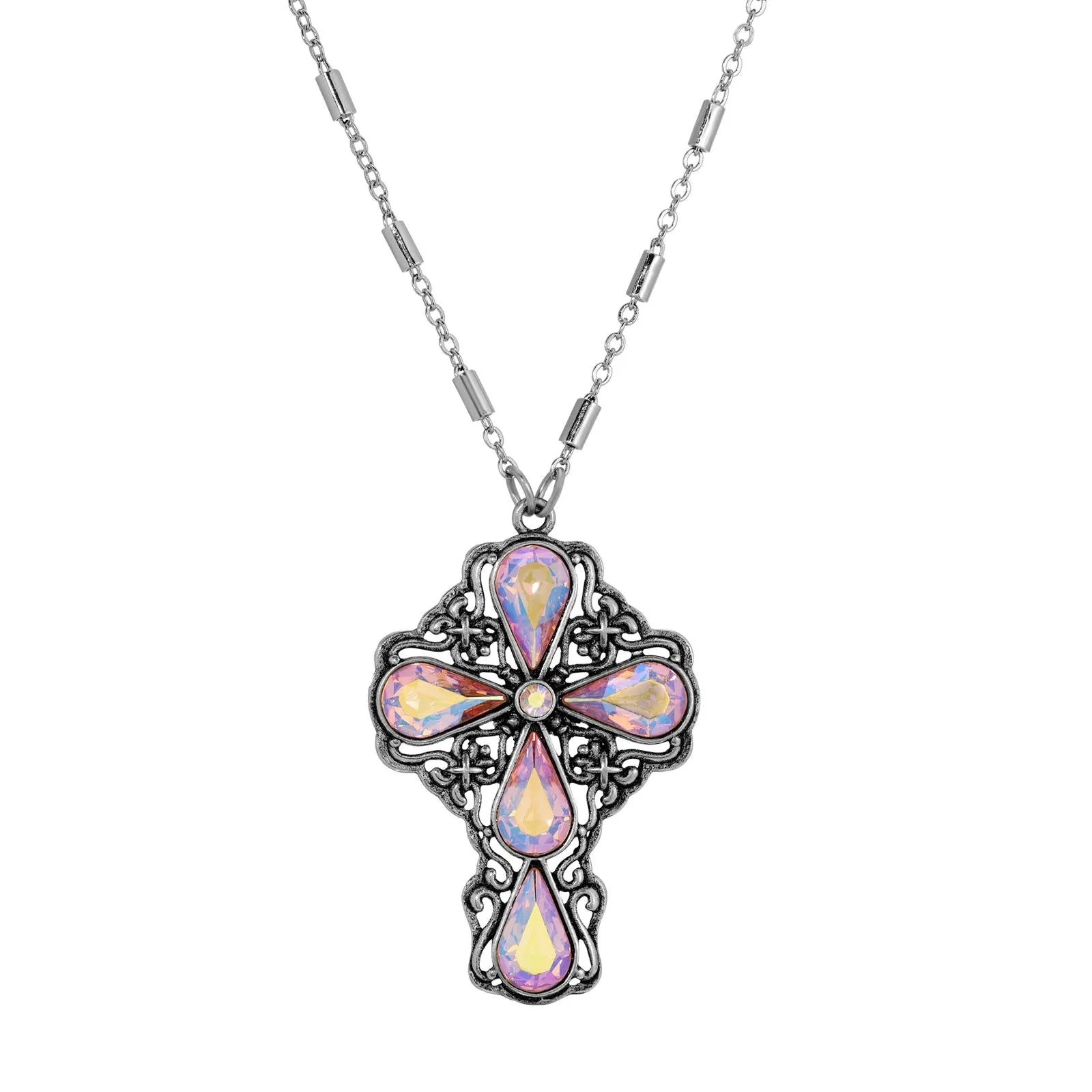 Symbols of Faith Victorian Filigree Cross Crystal Pendant Necklace 24" 1928 Jewelry