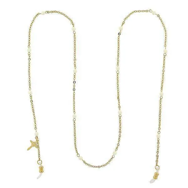 Symbols of Faith White Beaded With Cross Charm Eyeglass Holder Chain Necklace 32" 1928 Jewelry