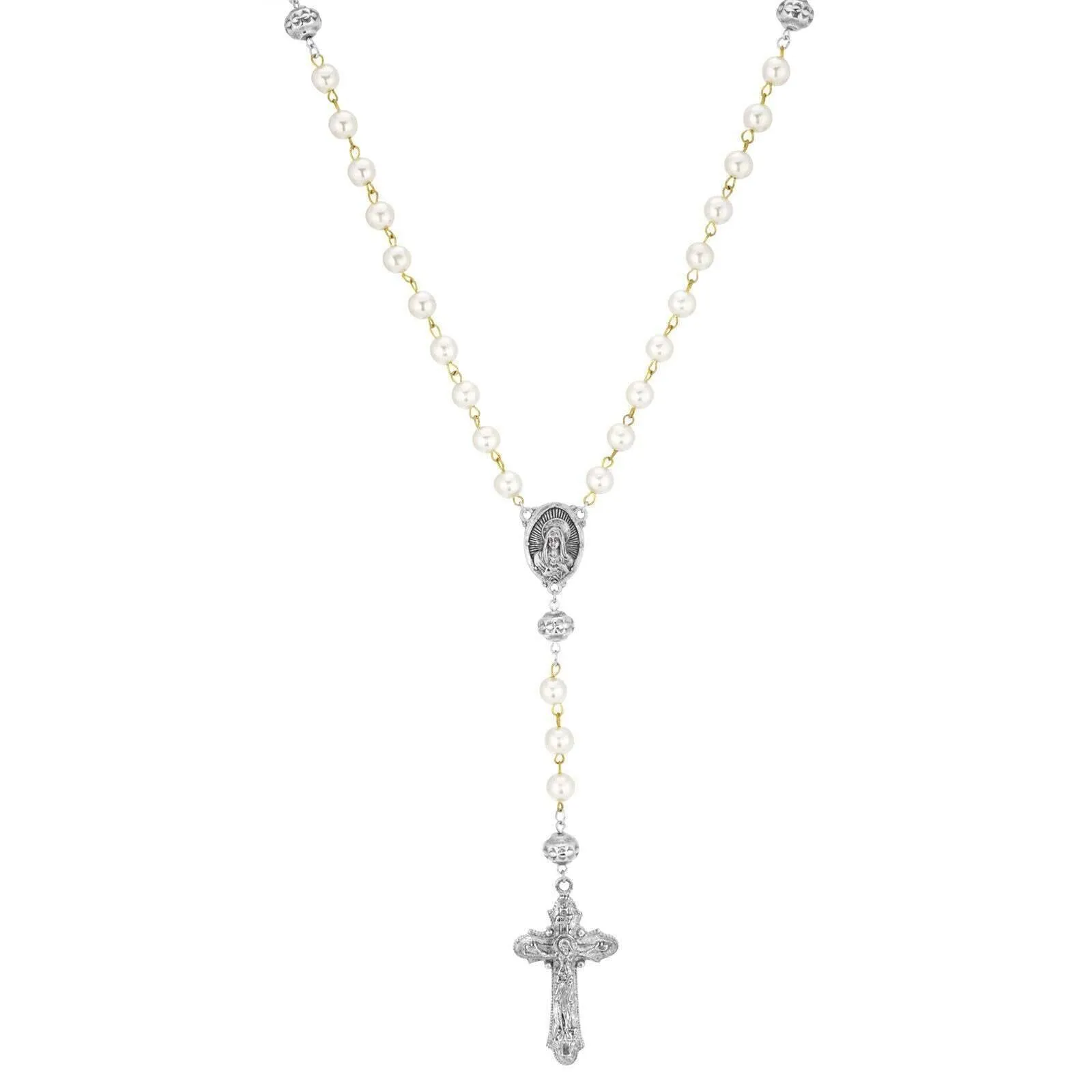 Symbols Of Faith White Faux Pearl Antiqued Crucifix Cross Rosary 1928 Jewelry