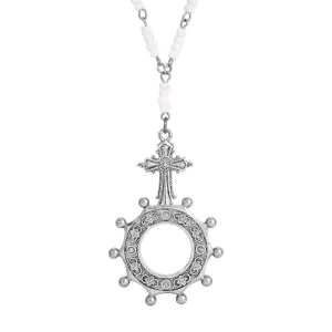 Symbols Of Faith White Seed Bead Pewter Rosary Prayer Ring Pendant Necklace 28 Inches 1928 Jewelry