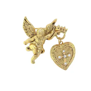 Symbols Of Faith Winged Angel Crystal Cross Heart Locket Brooch 1928 Jewelry