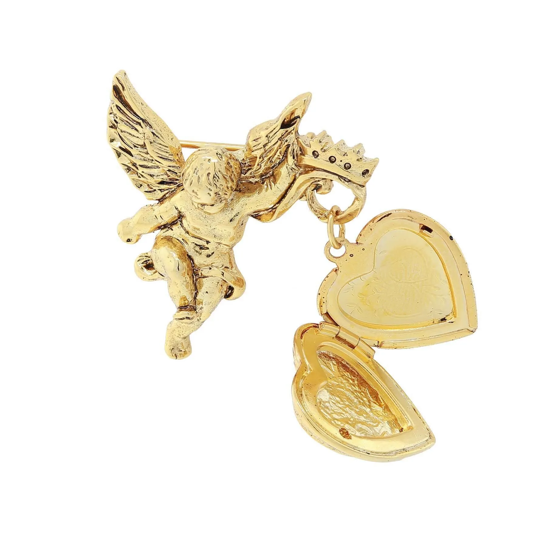 Symbols Of Faith Winged Angel Crystal Cross Heart Locket Brooch 1928 Jewelry