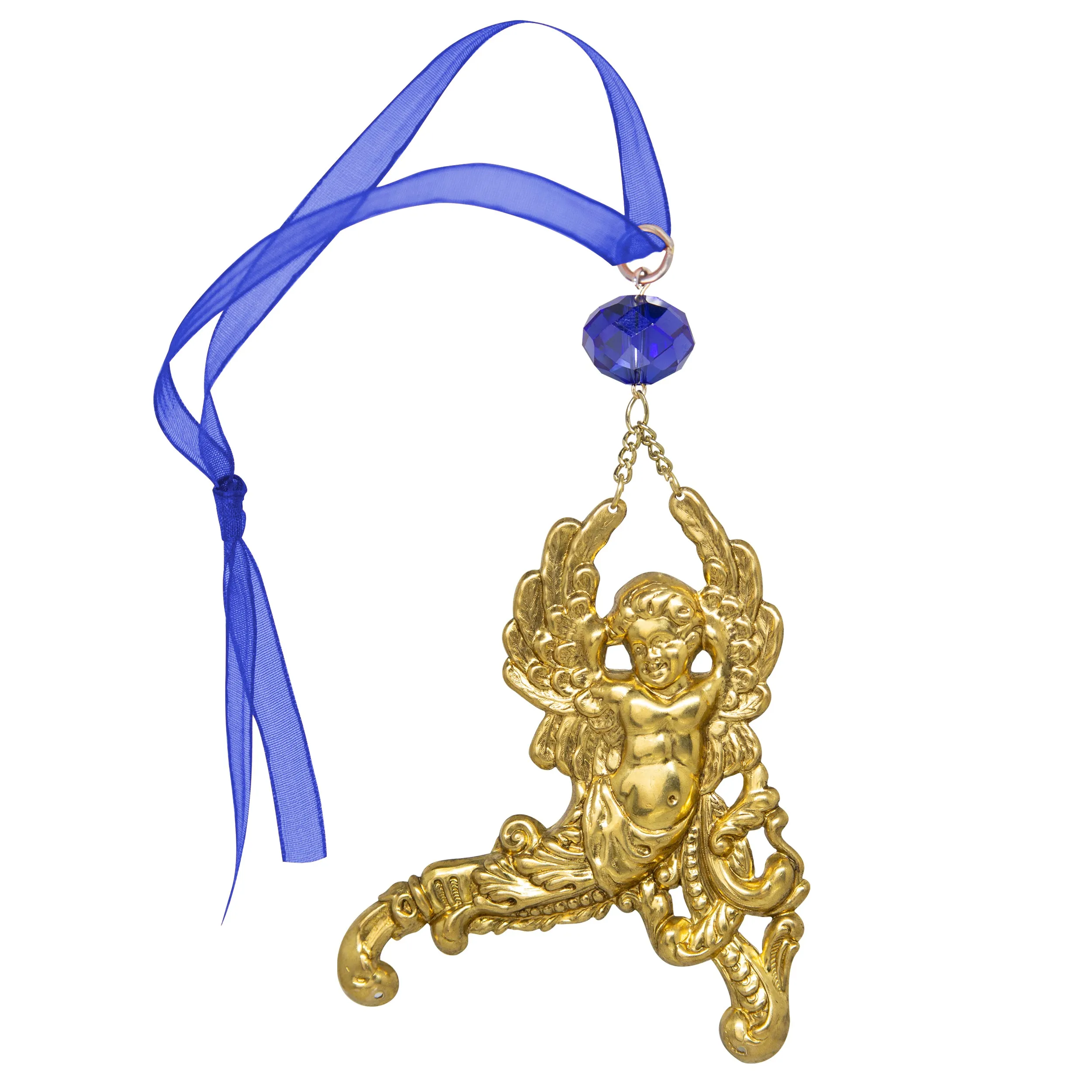 Symbols Of Faith Winged Cherub Crystal Blue Crystal & Ribbon Christmas Tree Ornament 1928 Jewelry