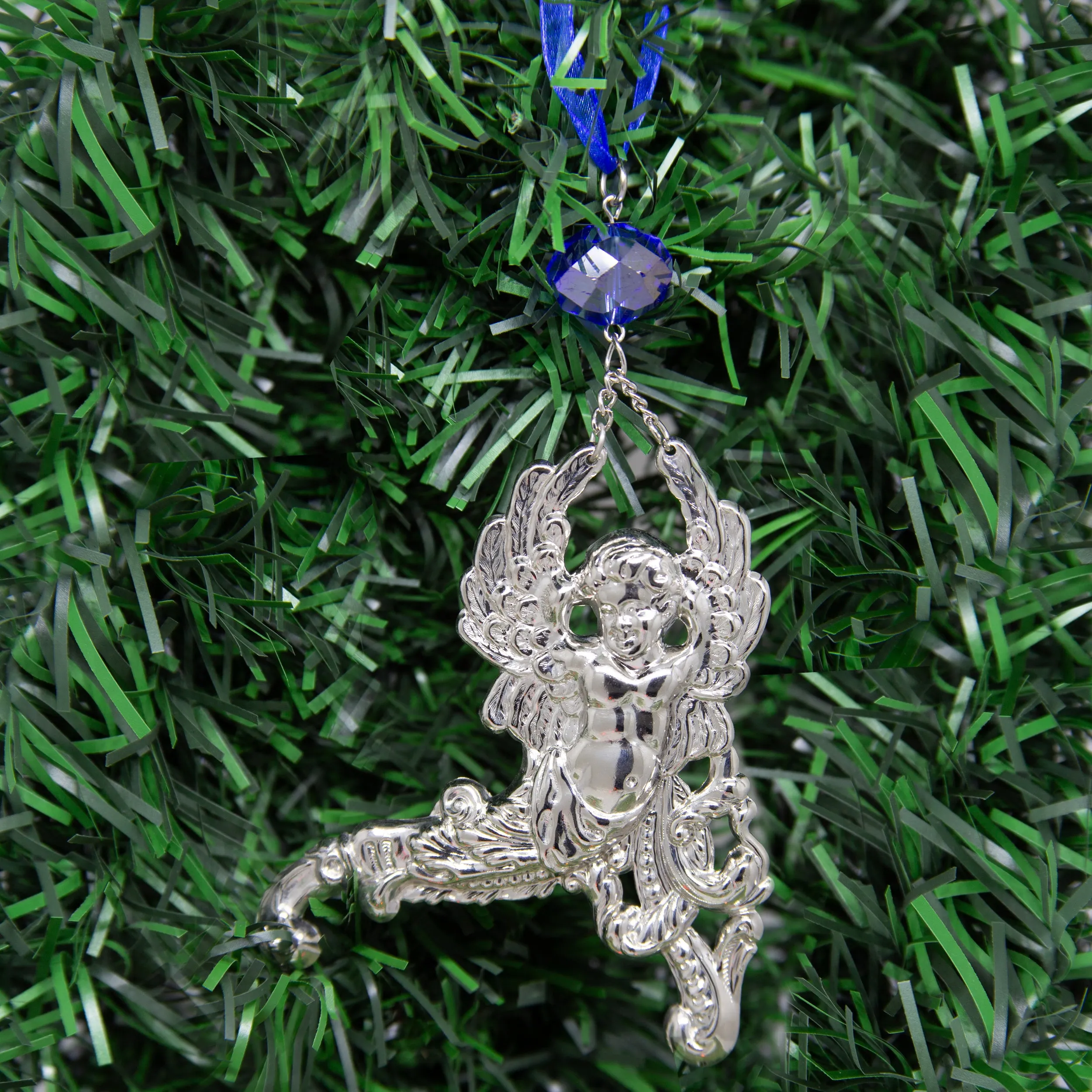 Symbols Of Faith Winged Cherub Crystal Blue Crystal & Ribbon Christmas Tree Ornament 1928 Jewelry