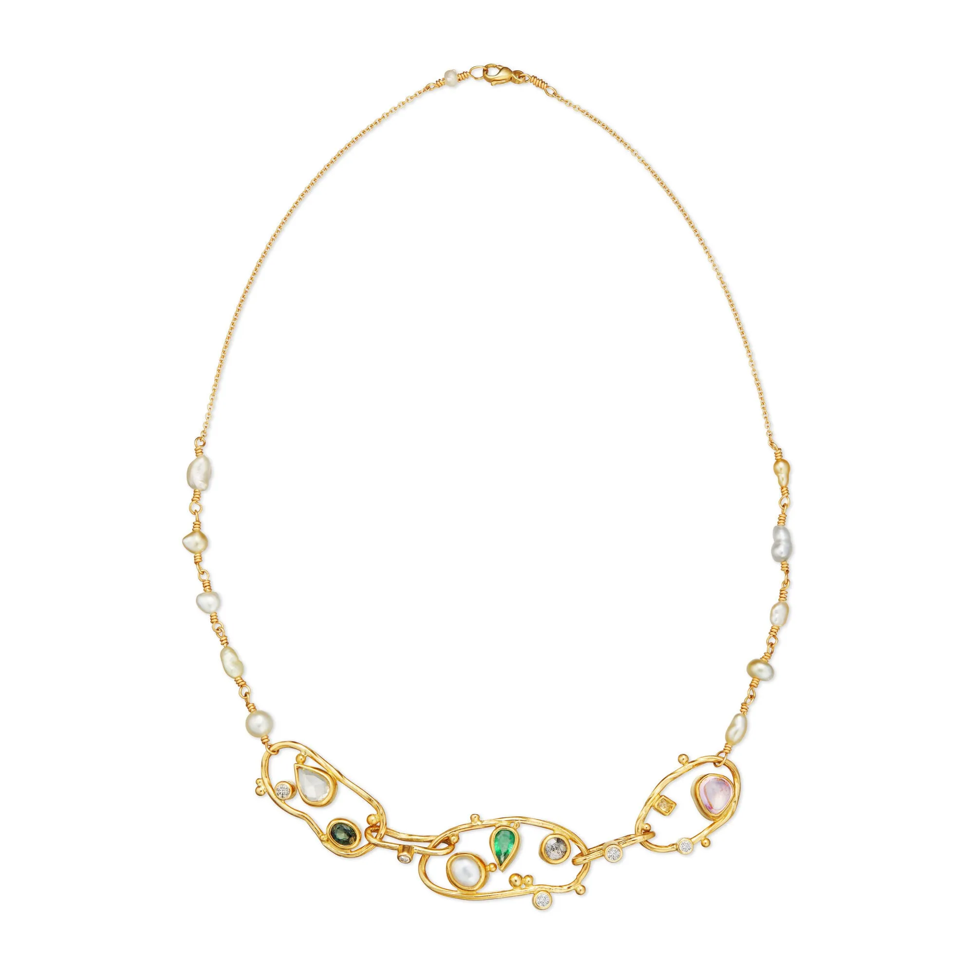 Triple Cloud 18K Gold Necklace w. Diamonds, Emeralds & Ruby