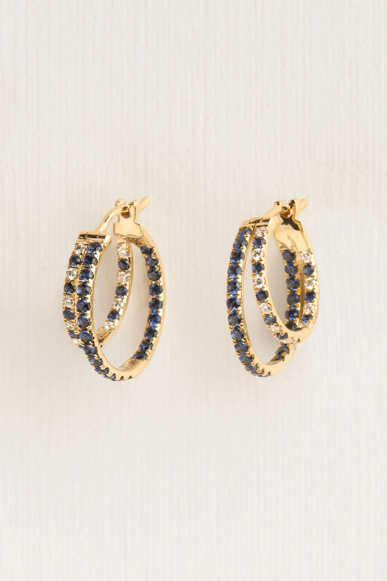 Trompe l'oeil 18K Gold Hoops w. Sapphire & Diamonds