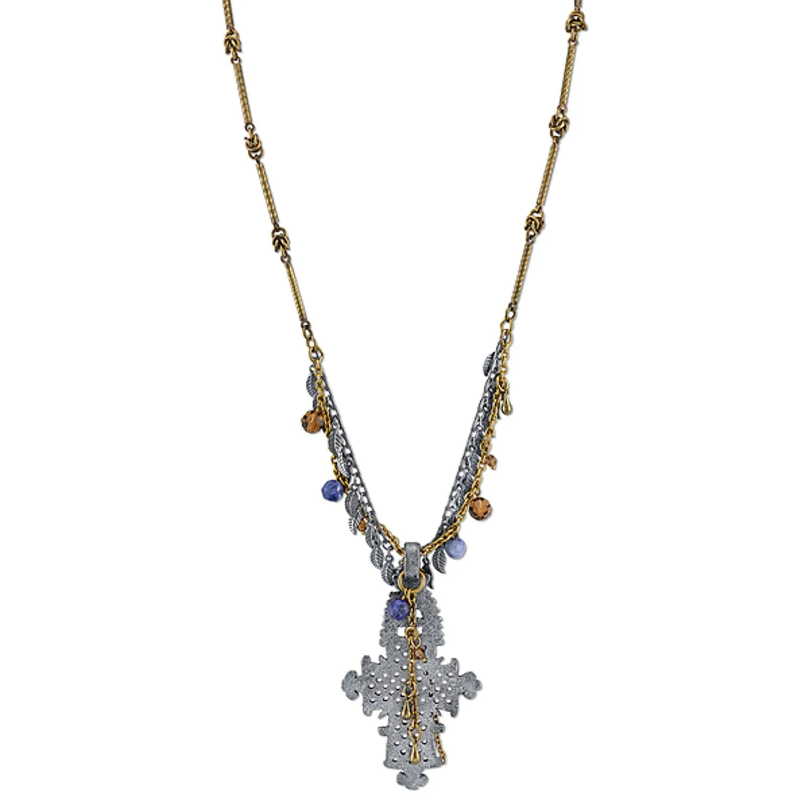 T.R.U. Bead & Leaf Fringe Coptic Cross Pendant Necklace 26" 1928 Jewelry