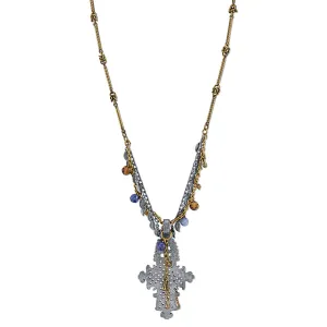 T.R.U. Bead & Leaf Fringe Coptic Cross Pendant Necklace 26" 1928 Jewelry