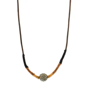T.R.U. Black Diamond Fireball Crystal Brown Leather Cord Linen Wrapped Necklace 28" 1928 Jewelry