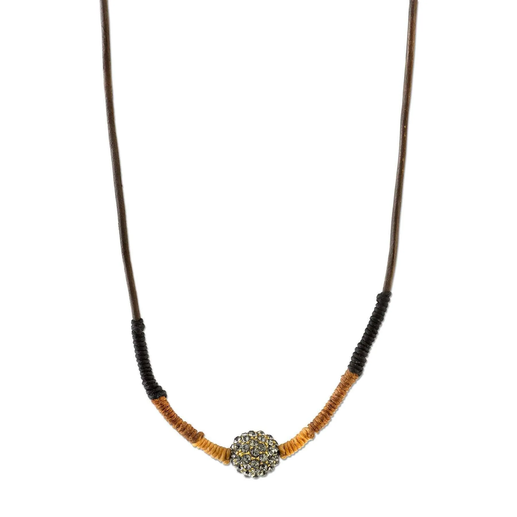 T.R.U. Black Diamond Fireball Crystal Brown Leather Cord Linen Wrapped Necklace 28" 1928 Jewelry