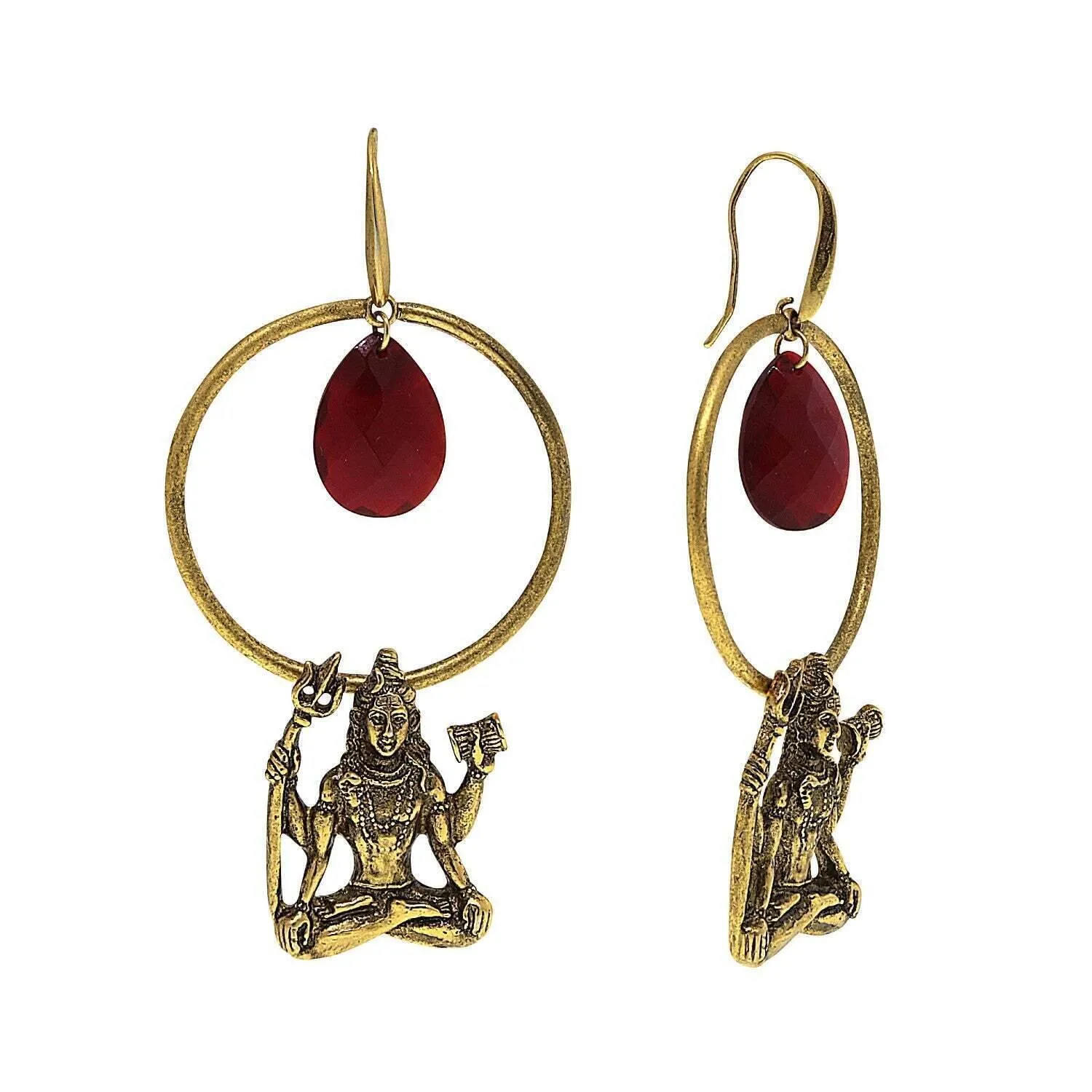 T.R.U. Goddess  Shiva Hoop Earrings With Red Briolette Center 1928 Jewelry