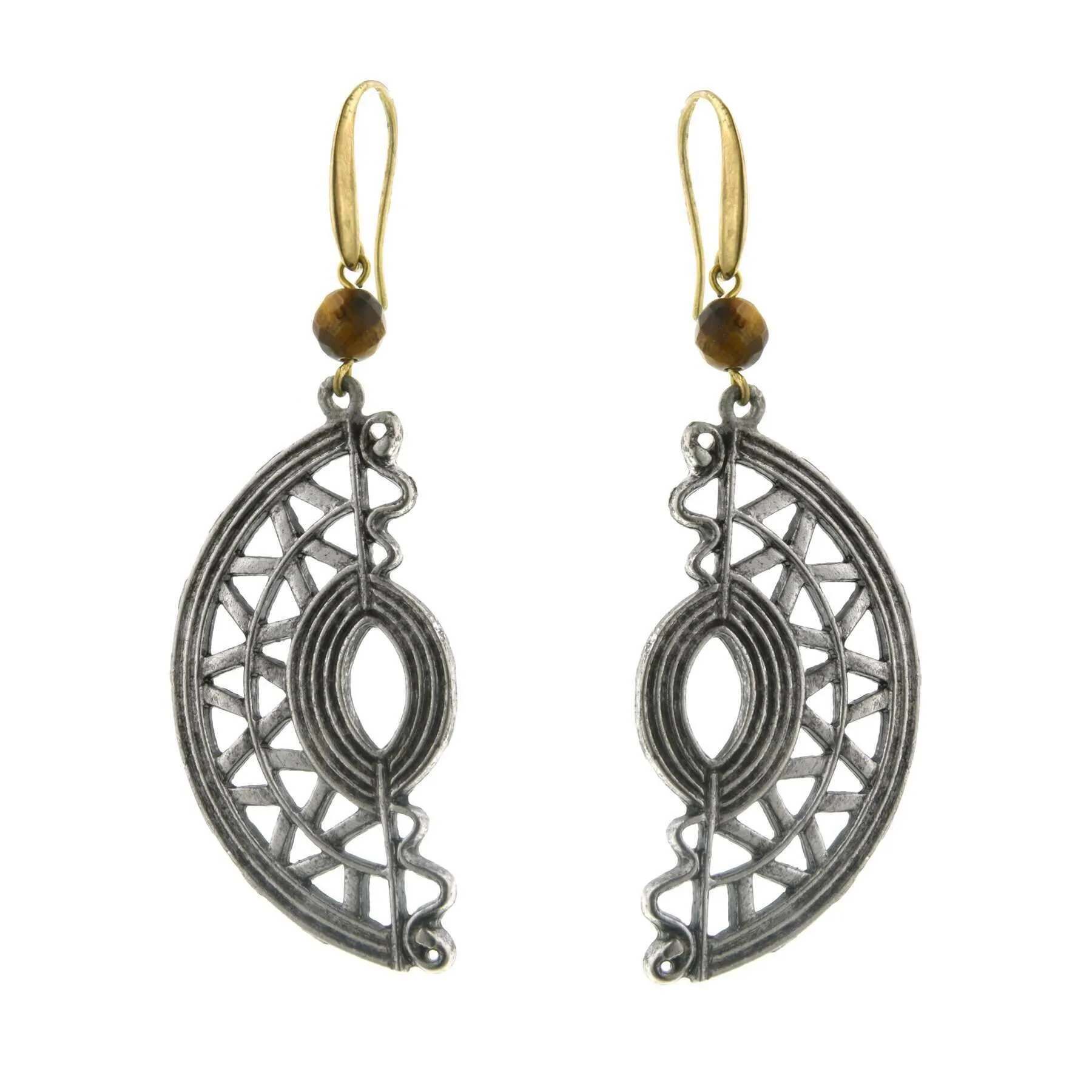 T.R.U. Half Moon Native American Motif With Gemstone Tigers Eye Bead Earrings 1928 Jewelry