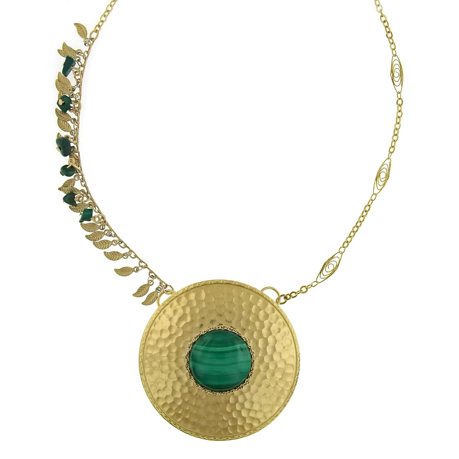 T.R.U. Hammered Sunburst Malachite Gemstone Pendant Necklace 18" 1928 Jewelry