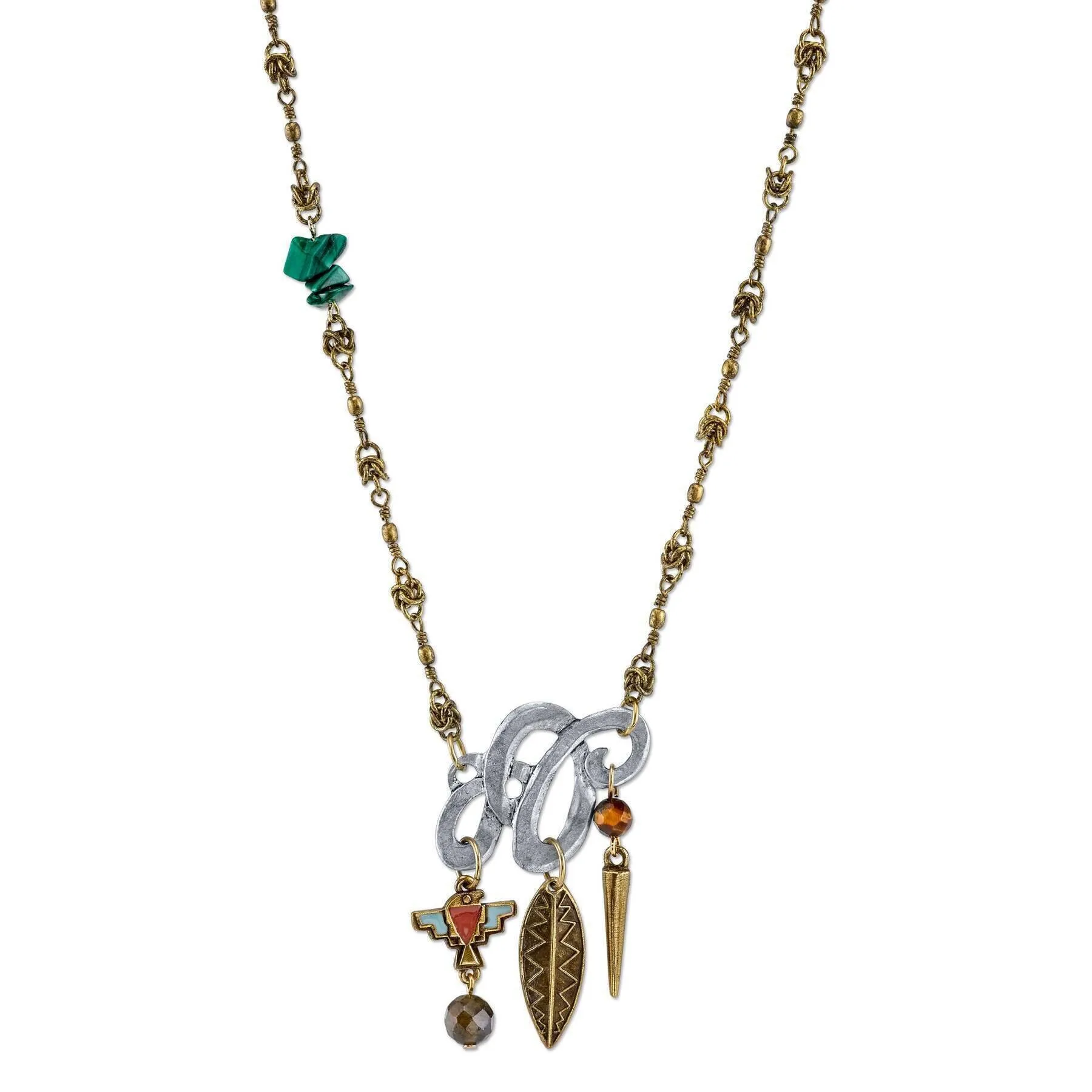 T.R.U. Metal Necklace With Gemstone Malachite Labradorite And Tigers Eye 18" 1928 Jewelry
