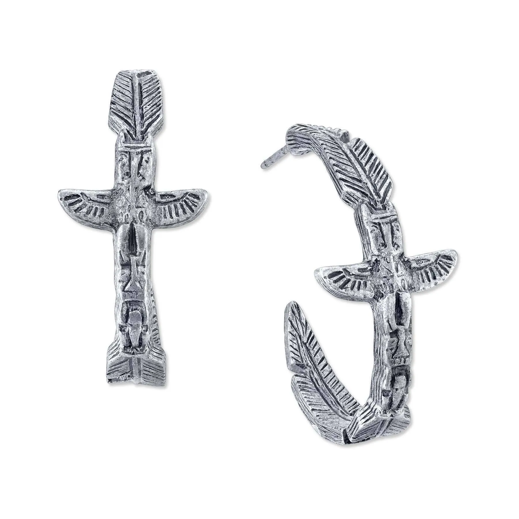 T.R.U. Pewter-Tone Feather Totem Pole Hoop Earrings 1928 Jewelry