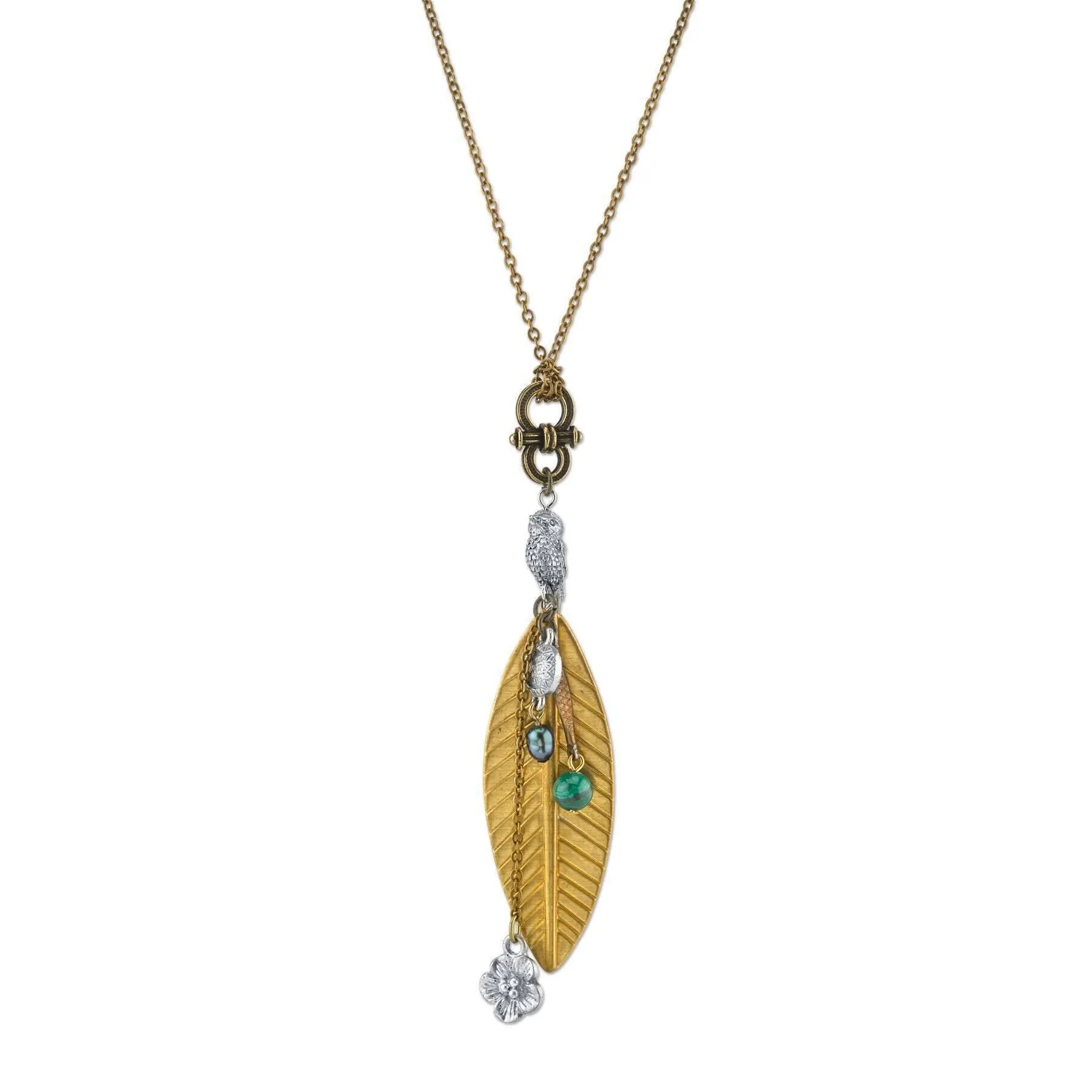T.R.U. Talisman Of Kindness Bird, Flower, Leaf And Gemstone Beads Pendant Necklace 30" 1928 Jewelry