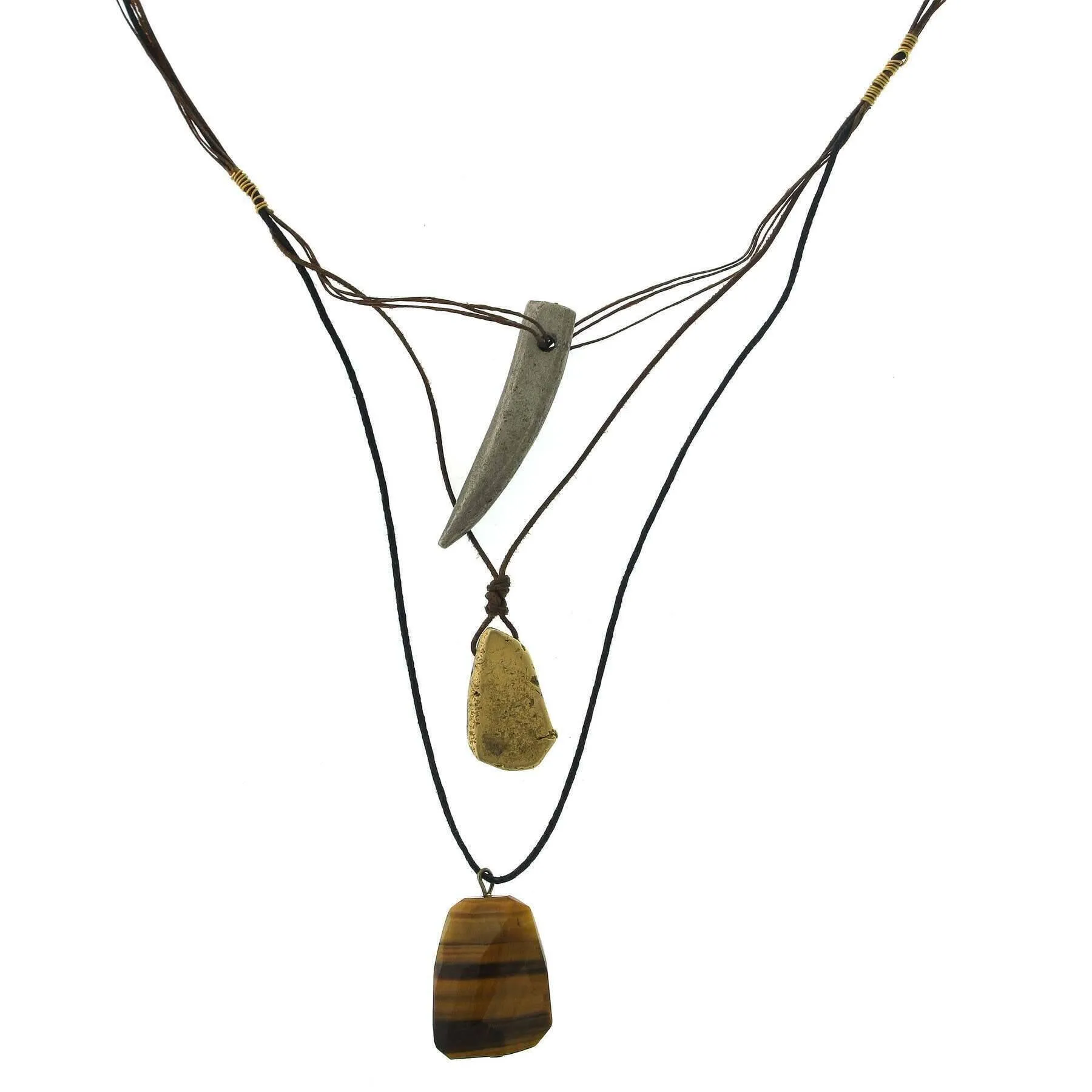 T.R.U. Waxed Linen Wire 3 Drop With Gemstone Tigers Eye Y-Pendant Necklace 28" 1928 Jewelry