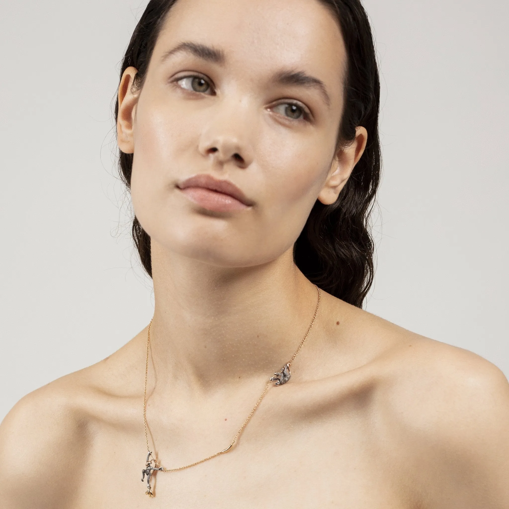 Two Monkey Rose Gold, Silver & Gold Chain Necklace w. Diamonds