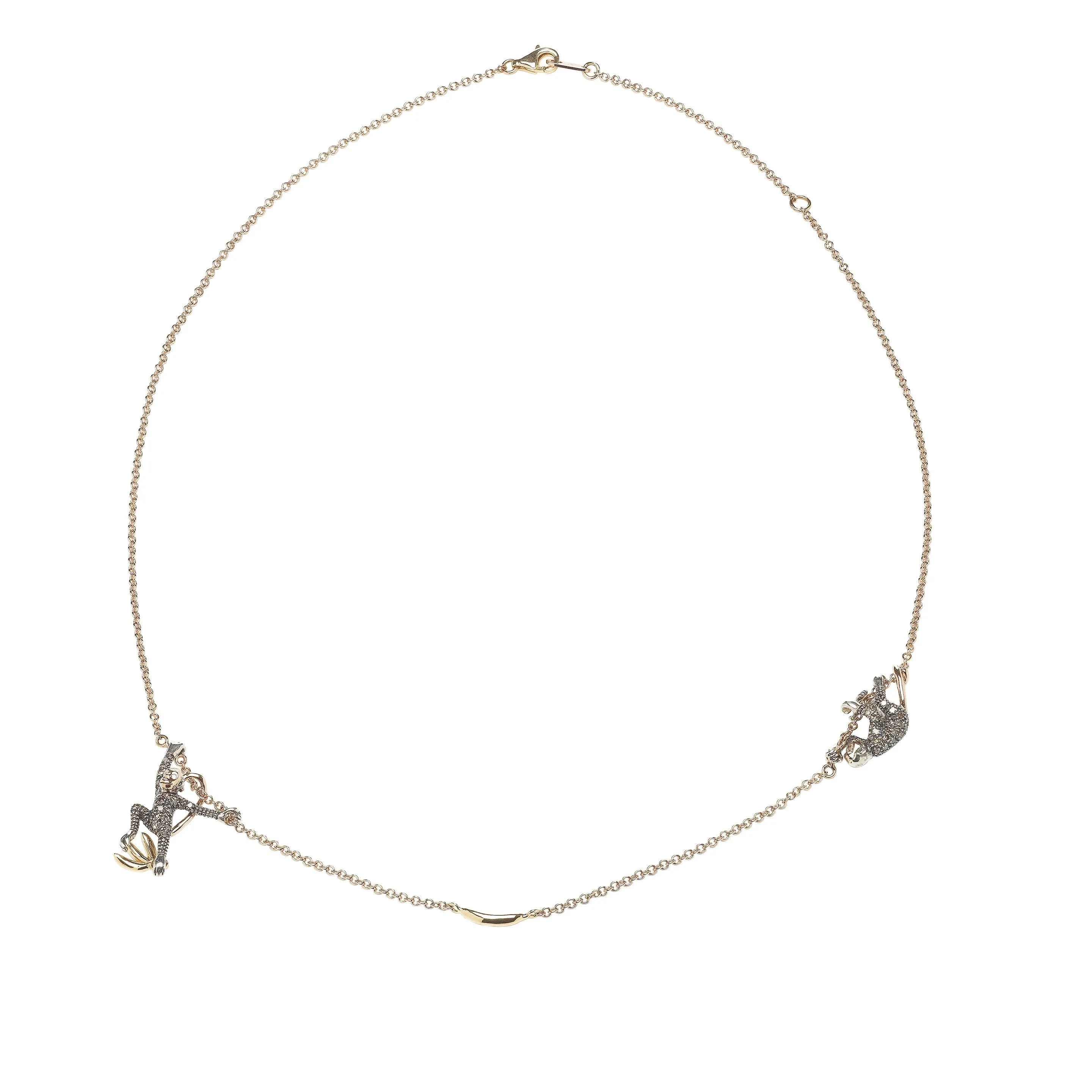 Two Monkey Rose Gold, Silver & Gold Chain Necklace w. Diamonds