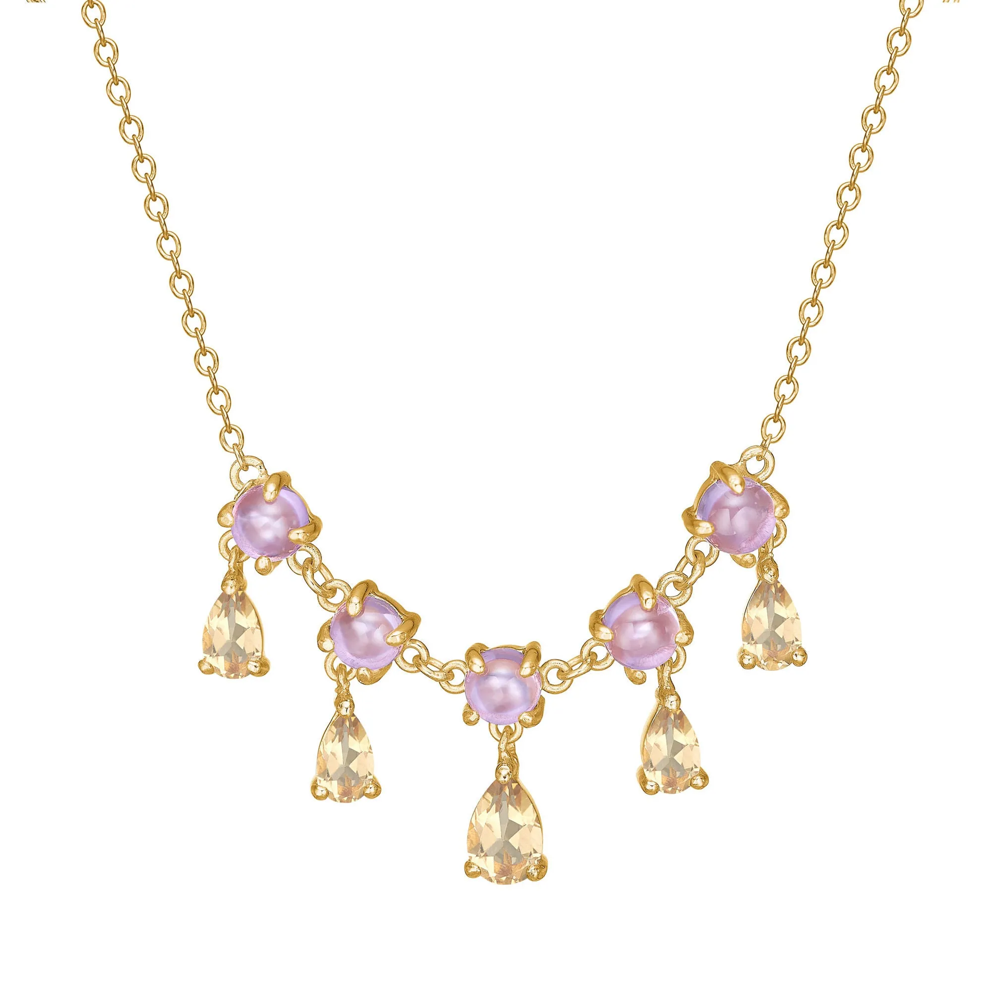 Unicorn 18K Gold Plated Necklace w. Amethyst & pear cut Quartz
